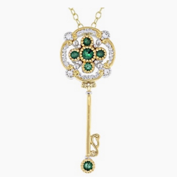 Michael Valitutti Jewelry - .40CTW EMERALD, ZIRCON RHODIUM & 24K GOLD OVER PALLADIUM SILVER KEY PENDANT